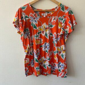 D&Co T-shirt Womens Large Orange Floral Ruffle Sleeves Short Sleeve